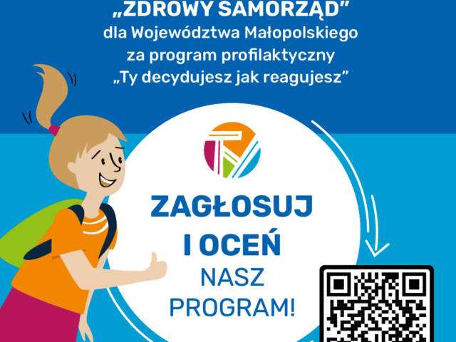 Obraz przedstawiający bohatera projektu wraz z kodem QR do głosowania w konkursie