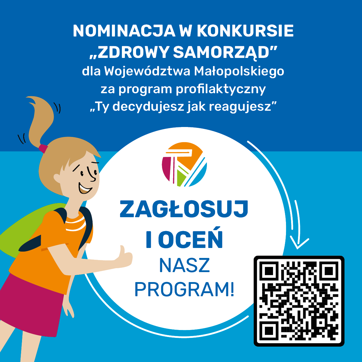 Obraz przedstawiający bohatera projektu wraz z kodem QR do głosowania w konkursie
